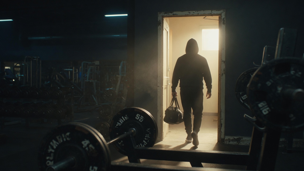 A lone figure walking into a brightly lit gym doorway.