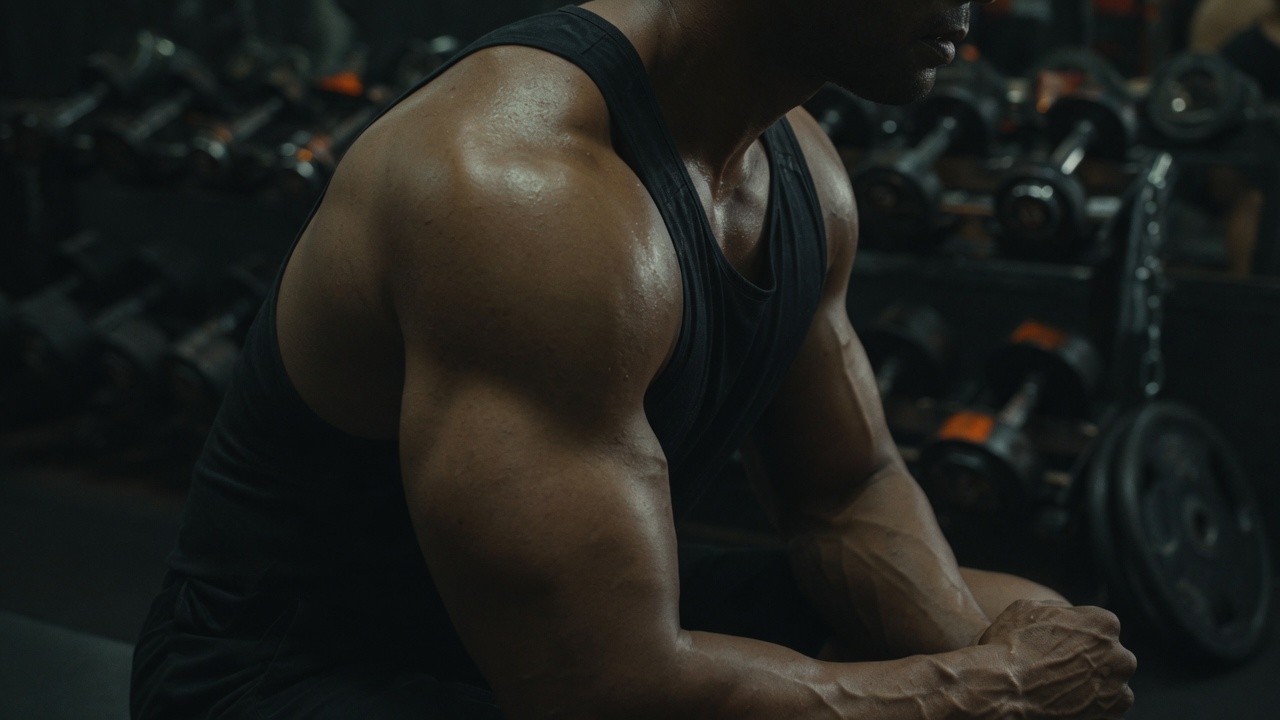 Close-up of a muscular shoulder and arm resting between sets in a dark gym.
