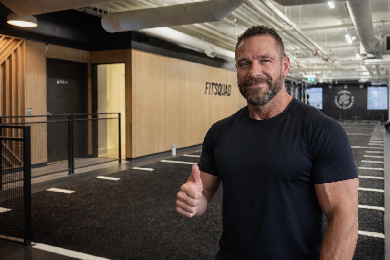 Ethan Cole giving a thumbs-up by the Fit Squad wall logo.
