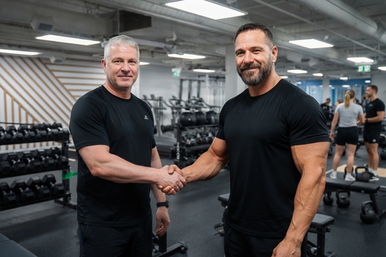 Ethan Cole shaking hands with a client at Fit Squad Training Gym.