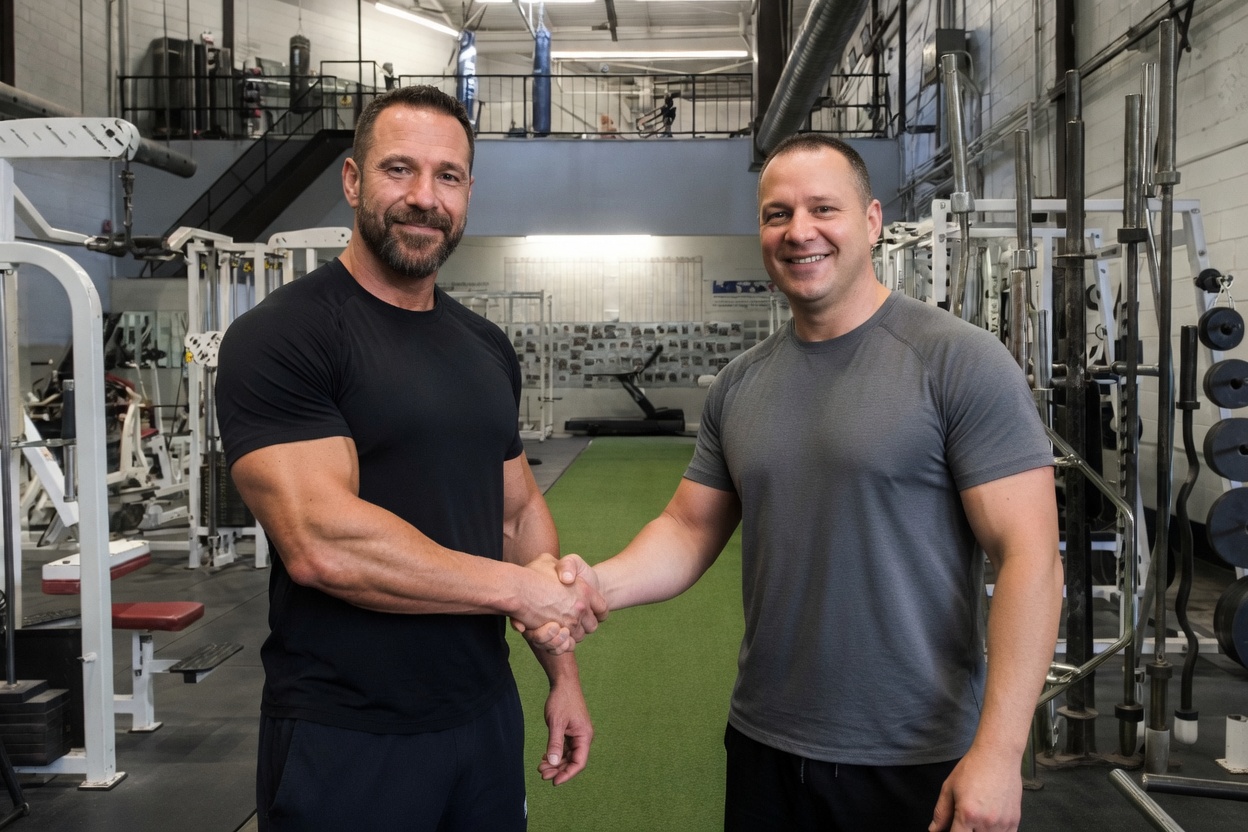 Ethan Cole shaking hands with a client at Fortis Fitness.