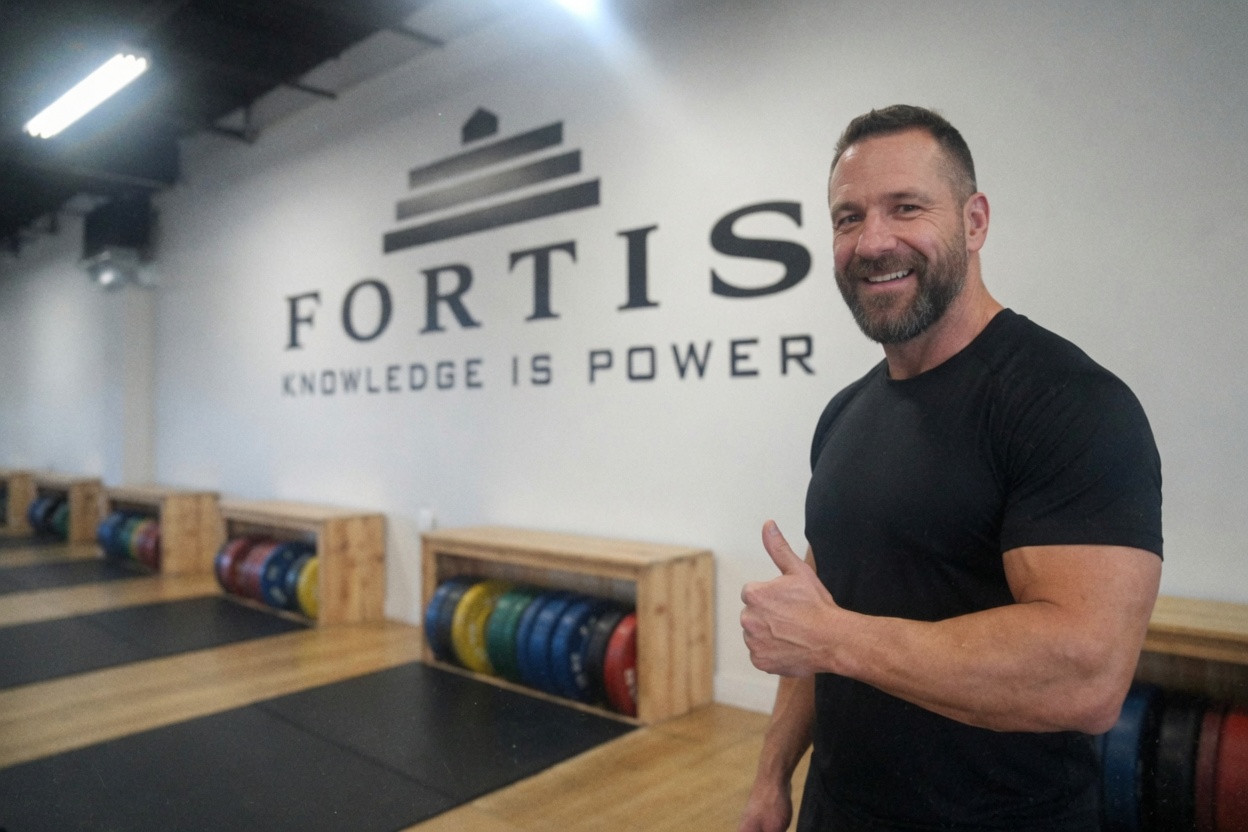 Ethan Cole giving a thumbs-up by the Fortis Fitness wall logo.